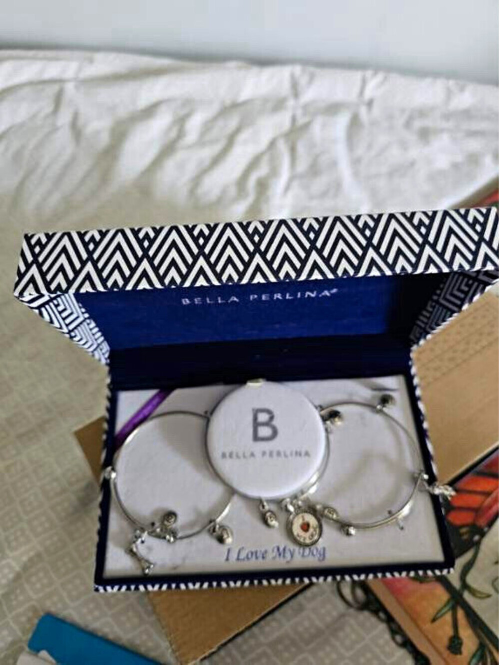Bella Perlina Silver Adjustable Bracelet Jewelry Set w/ Clear Crystal Dog Charm